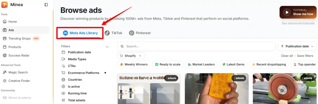 Minea Meta Ads Search